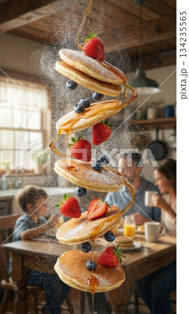 Flying Stack Of Pancakes With Berries And Honey Syrup Art 134235565