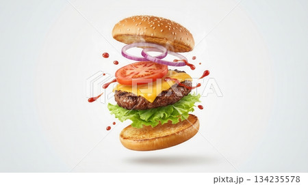 Delicious Beef Burger Ingredients Flying In The Air Isolated Delicious Beef Burger Ingredients Flying In The Air Isolated 134235578