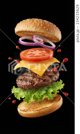 Delicious Beef Burger Ingredients Flying In The Air Isolated Delicious Beef Burger Ingredients Flying In The Air Isolated 134235629