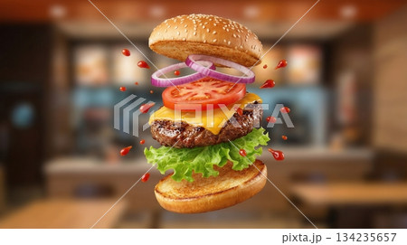 Delicious Beef Burger Ingredients Flying In The Air Isolated 134235657