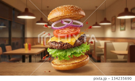 Delicious Beef Burger Ingredients Flying In The Air Isolated Delicious Beef Burger Ingredients Flying In The Air Isolated 134235690