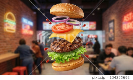 Delicious Beef Burger Ingredients Flying In The Air Isolated Delicious Beef Burger Ingredients Flying In The Air Isolated 134235692
