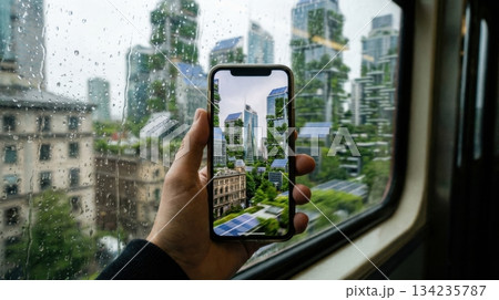 Passenger View of Green Futuristic Cityscape from Electric Transport Passenger View of Green Futuristic Cityscape from Electric Transport 134235787