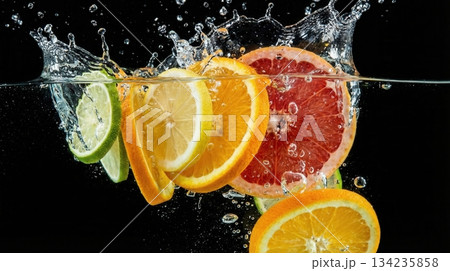 Exploded View Of Tropical Citrus Fruit Slices And Juice Splash Exploded View Of Tropical Citrus Fruit Slices And Juice Splash 134235858