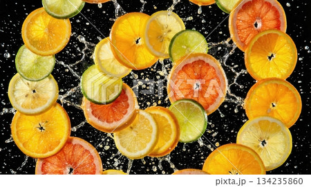 Exploded View Of Tropical Citrus Fruit Slices And Juice Splash Exploded View Of Tropical Citrus Fruit Slices And Juice Splash 134235860