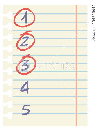 A piece of paper with a red circle on it and the numbers 1 through 5 134236046
