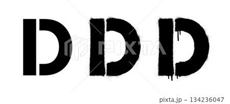 Stencil letter. A bold letter D in a clean, splattered, and dripping graffiti style on a white background. 134236047