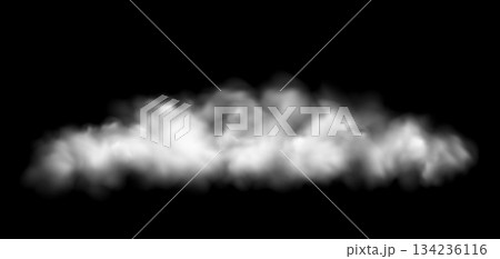 Vector Realistic White Cloud, Smoke or Fog. Fluffy Cloudscape. Color Overlay Transparent Cloud. 134236116