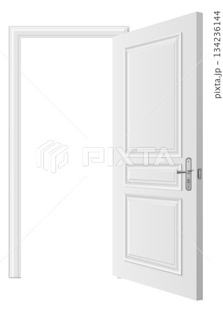 A white door with a silver handle is open A white door with a silver handle is open 134236144