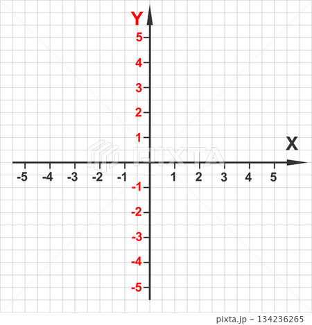 Cartesian coordinate system template. Perpendicular X and Y axises lines with arrows. Bidimensional plane. Grid paper background. Vector graphic illustration 134236265