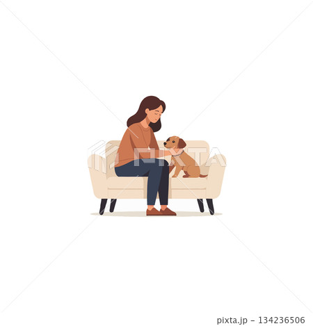 Cozy companionship a heartwarming moment of a woman tenderly embracing her adorable puppy on the 134236506