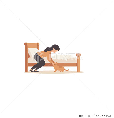 Gentle interaction between a woman and her playful feline companion near a cozy bed at home Gentle interaction between a woman and her playful feline companion near a cozy bed at home 134236508
