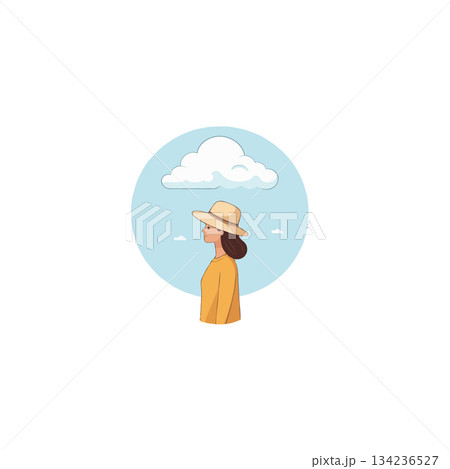 Ethereal serenity: Portrait of a woman with a hat beneath a serene sky and clouds captures 134236527