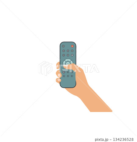 Holding remote control for electronics with hand changing channels using modern television 134236528