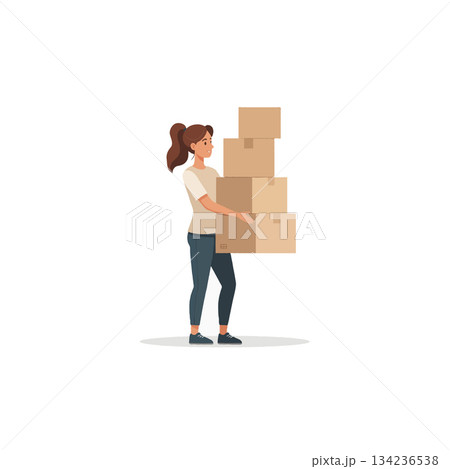 Female character carrying tall stack cardboard packages for moving home or shipping goods concept Female character carrying tall stack cardboard packages for moving home or shipping goods concept 134236538