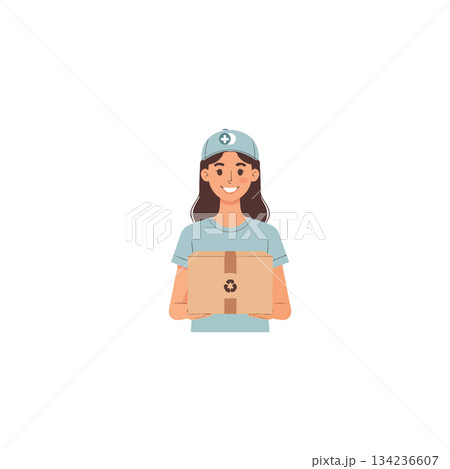 Smiling woman delivering package showcases efficient service with modern courier solutions Smiling woman delivering package showcases efficient service with modern courier solutions 134236607