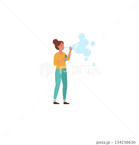 Whimsical cartoon woman blowing playful bubbles carefree enjoyment expressing joy and delight in 134236630