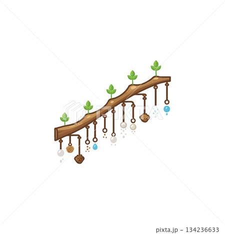 Symbolic illustration of life cycle with sprouts, water droplets, and dried earth hanging from a 134236633