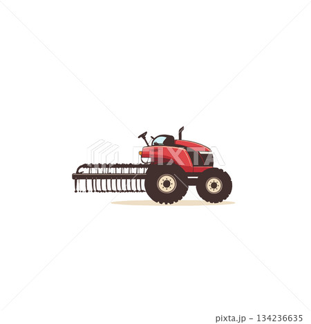 Red tractor with farm equipment illustration symbolizing agriculture technology and rural farming 134236635