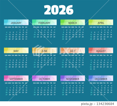 Rainbow calendar Year 2026. vector calendar. The week starts on Sunday. Rainbow calendar Year 2026. vector calendar. The week starts on Sunday. 134236684