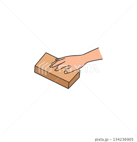 Hand gently pressing down upon a rectangular sponge with focused action in illustration 134236905