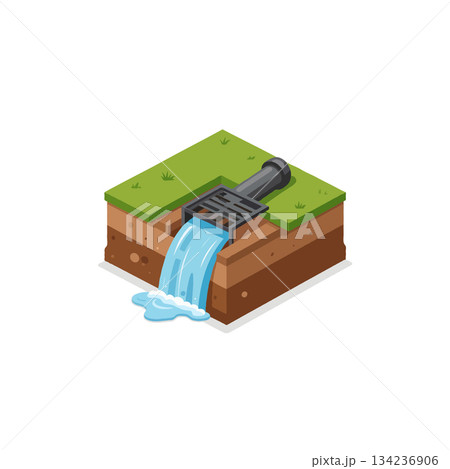 Isometric representation of urban drainage system showcasing water flow through landscape element Isometric representation of urban drainage system showcasing water flow through landscape element 134236906