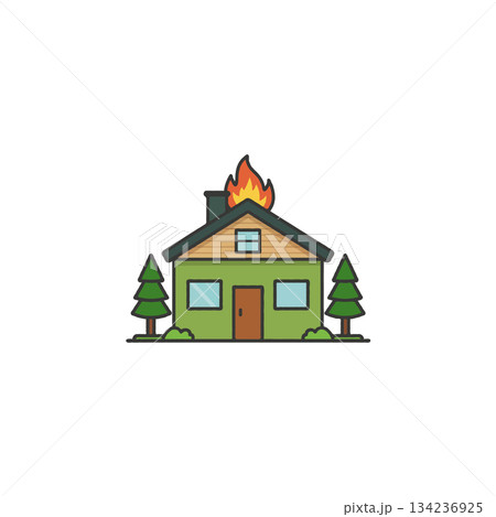 Illustration depicting a house engulfed in flames symbolizes property risk and unexpected 134236925