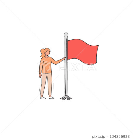 Woman raising a flag signifies success completion or marking territory an illustration showing Woman raising a flag signifies success completion or marking territory an illustration showing 134236928