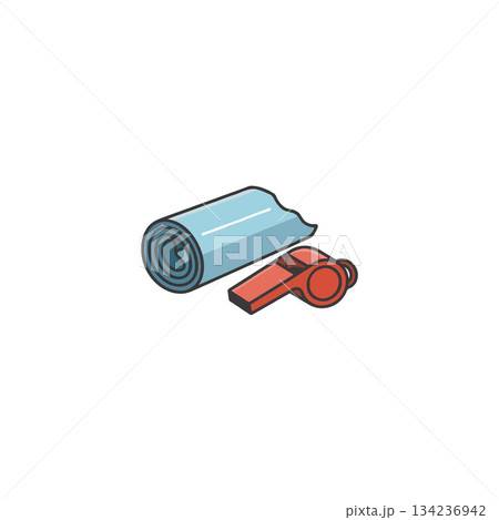 Simplified exercise setup illustration featuring a rolled blue mat and a vibrant orange whistle 134236942