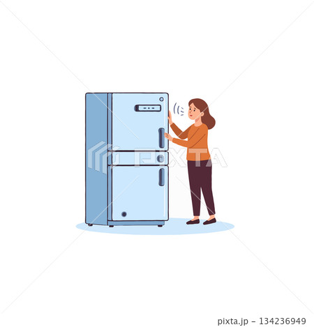 Woman Experiencing Malfunctioning Refrigerator Making Strange Noises, Seeking Repair due to Home Woman Experiencing Malfunctioning Refrigerator Making Strange Noises, Seeking Repair due to Home 134236949