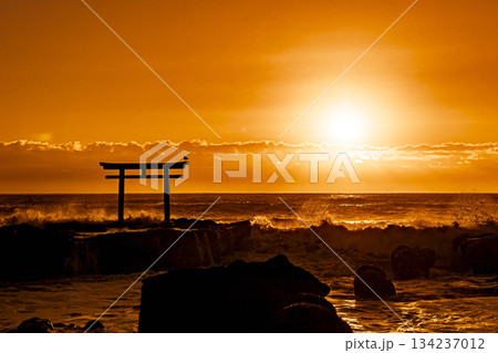 大洗海岸の鳥居と朝日 134237012