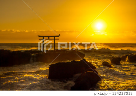 大洗海岸の鳥居と朝日 大洗海岸の鳥居と朝日 134237015