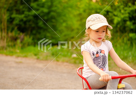 Little girl with a tricycle in the park 134237062