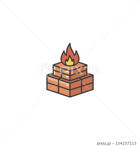 Stylized bricks arranged in a stacked formation with a vibrant digital flame atop the design 134237113