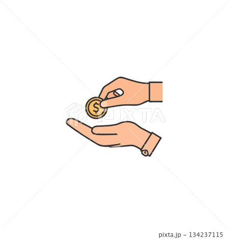 Concept demonstrating the act of giving or receiving money with cartoonish hand illustrations, 134237115