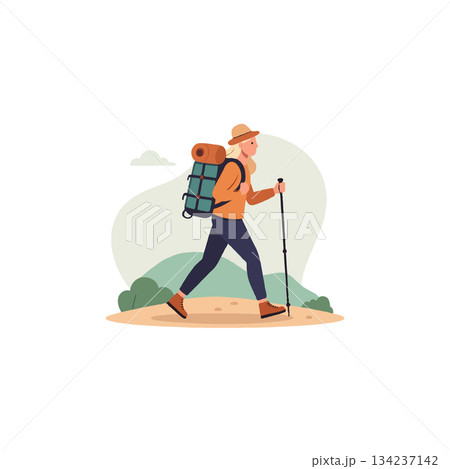 Female solo hiker exploring mountain trail adventure with backpack enjoying outdoors experience 134237142