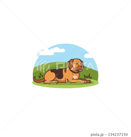 A relaxed cartoon dog lies in a grassy field under a clear blue sky with fluffy clouds its calm 134237150
