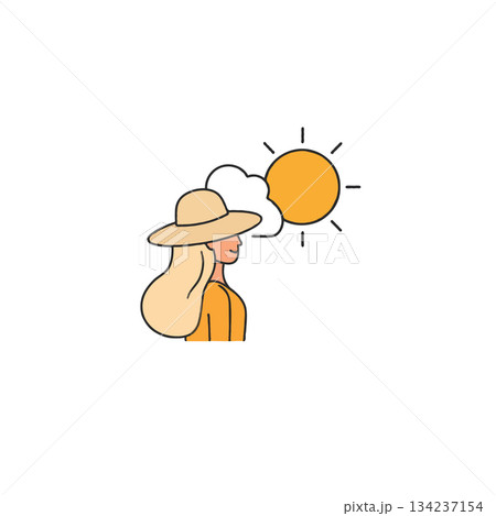Woman under sun with cloud contemplating sunny day seeking peaceful environment enjoying warm Woman under sun with cloud contemplating sunny day seeking peaceful environment enjoying warm 134237154