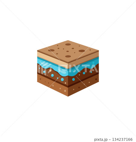 Depiction of a soil layer block showing geological stratification and ground water table 134237166