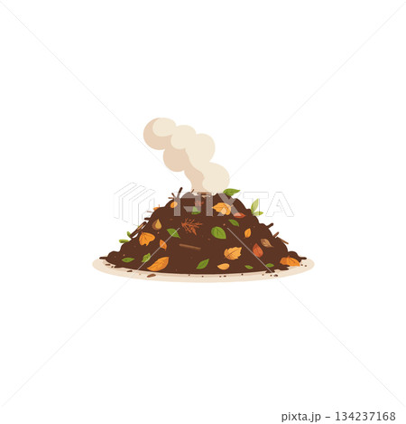 Decomposing organic material pile, showcasing autumn foliage, microbial activity, and soil 134237168