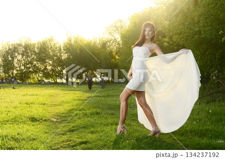 Young Beautiful Cute Girl Fashionable Dress Forest Outdoors Fashion Concept 134237192