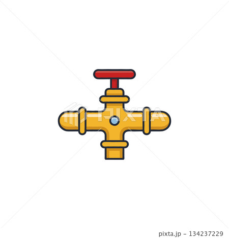 Stylized depiction of a plumbing fixture, with red handle, yellow valve body and pipe sections in Stylized depiction of a plumbing fixture, with red handle, yellow valve body and pipe sections in 134237229