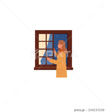 Pensive female figure contemplating celestial bodies from the comforting interior under night's Pensive female figure contemplating celestial bodies from the comforting interior under night's 134237230