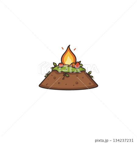 Stylized illustration featuring a cartoonish campfire on a small grassy mound creating whimsical Stylized illustration featuring a cartoonish campfire on a small grassy mound creating whimsical 134237231