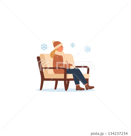 Cozy winter day indoor scene featuring a relaxed woman sitting on a chair enjoying snowflakes Cozy winter day indoor scene featuring a relaxed woman sitting on a chair enjoying snowflakes 134237234