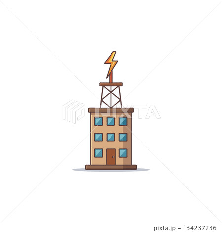 Whimsical Illustration of Energy Plant Structure with Electricity Bolt Symbol Above its Metal Whimsical Illustration of Energy Plant Structure with Electricity Bolt Symbol Above its Metal 134237236