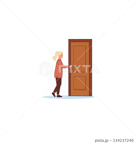 Woman approaching the closed wooden door in a minimalist interior cartoon illustration simple 134237240