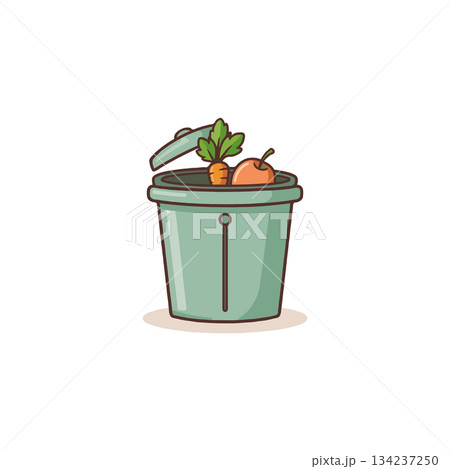 Illustration of compost bin filled with organic waste, promoting eco conscious food disposal and Illustration of compost bin filled with organic waste, promoting eco conscious food disposal and 134237250