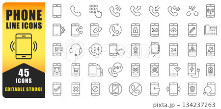 Phone Line Icon Set Showcasing Communication, Connectivity, And Mobile Functionality. This Versatile Set Is Designed For Apps, UI Projects And Digital Interfaces With 45 Editable Stroke Vector Icons.  134237263