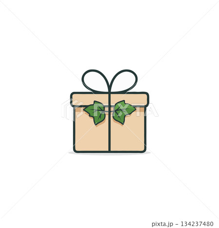 Delicate gift box illustration adorned with ivy leaves and simplistic tied bow design for Delicate gift box illustration adorned with ivy leaves and simplistic tied bow design for 134237480
